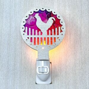 Rooster Handmade Night Light Alcohol Ink Purple Red Farmhouse Wall Plug-In